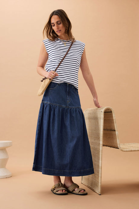 Drop Waist Denim Midi Skirt