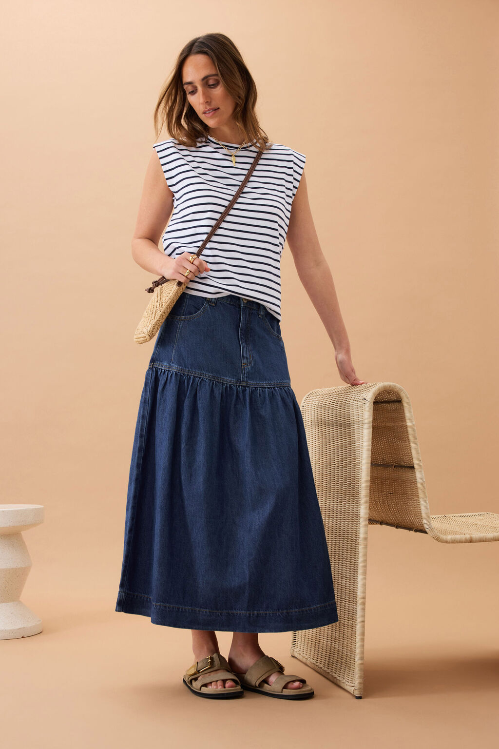 Drop Waist Denim Midi Skirt