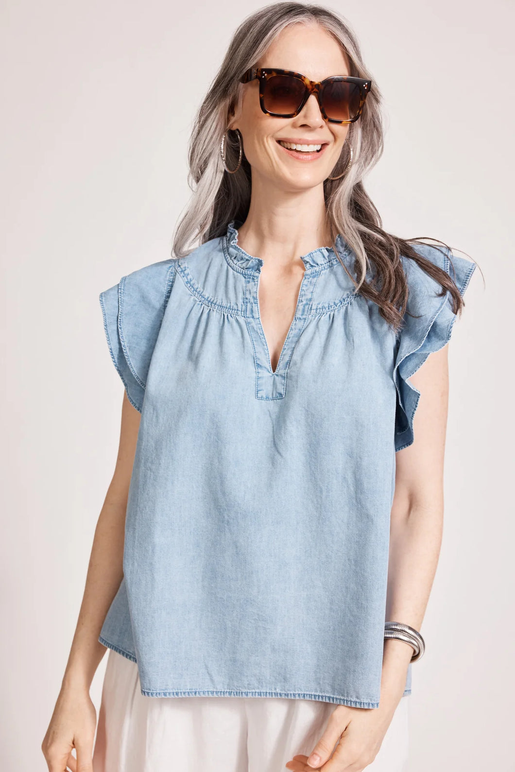 Melenia Denim Frill Top | Denim