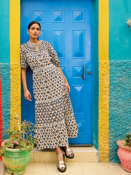 Ariel Tiered Woven Dress | Navy Print