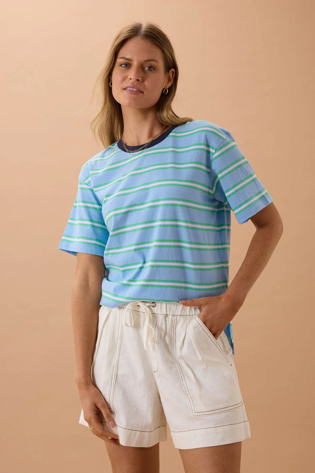Slouchy Tee | Powder/Zesty Green Stripe