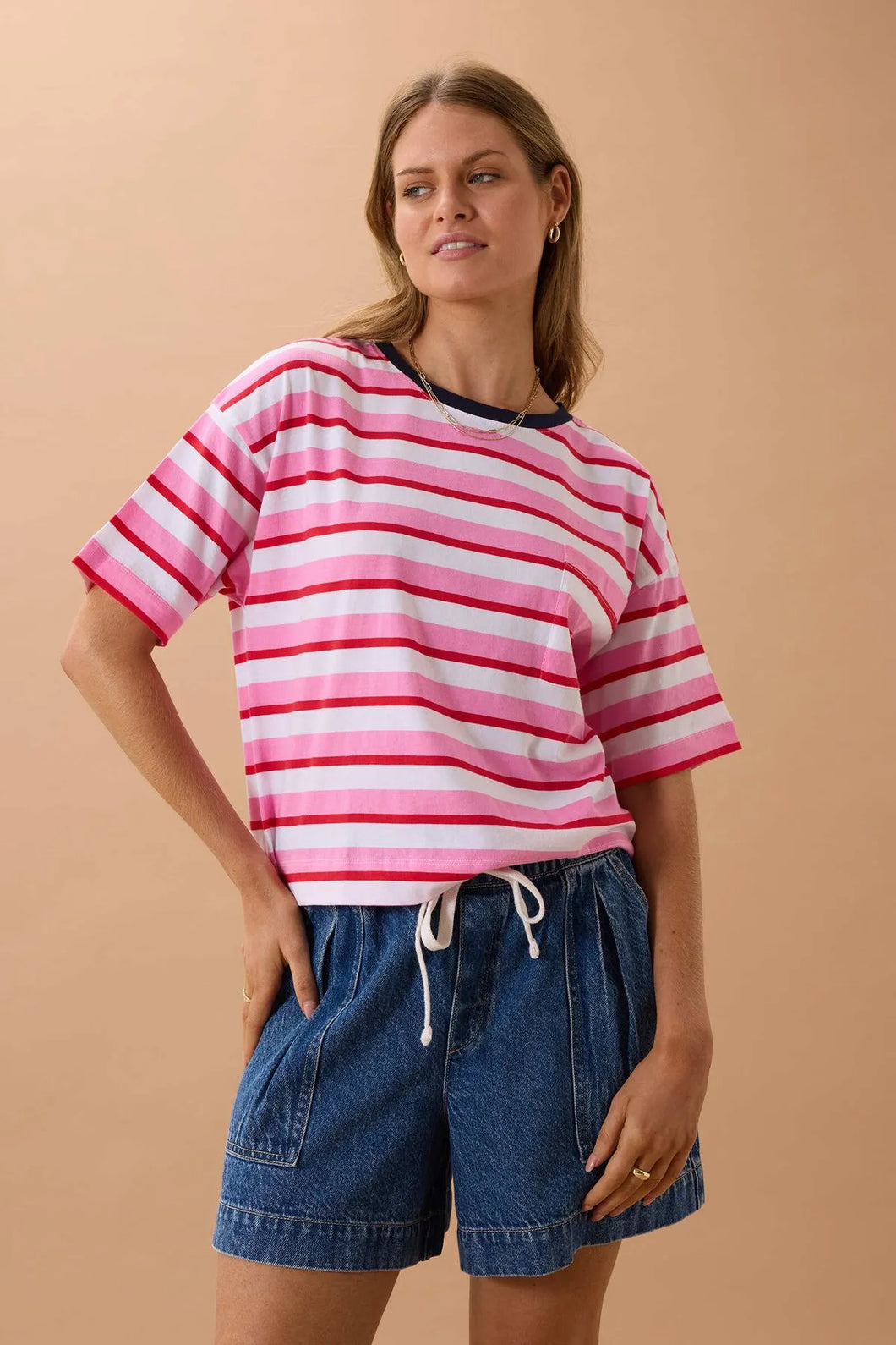 Slouchy Tee | Hibiscus/Heritage Red Stripe