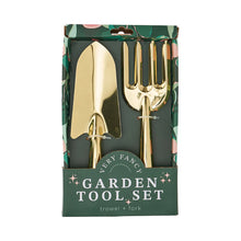 Load image into Gallery viewer, A boxed gardening tools set with gold tools, on a white background.