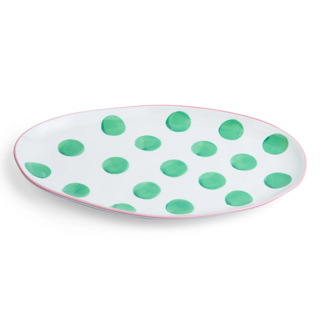 Small Oval Platter | Green Spot with Pink Rim