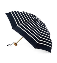 Load image into Gallery viewer, Navy and white striped umbrella with wooden handle on a white background