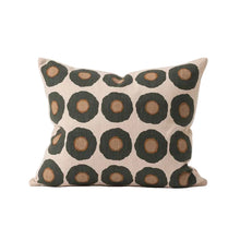 Load image into Gallery viewer, Decorative pillow with a pattern of brown and green circles on a beige background