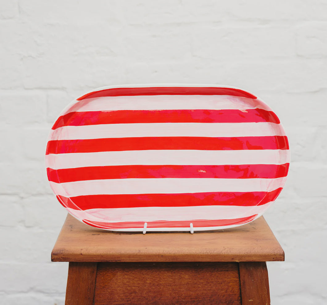 Oval Platter | Pink & Red Stripes