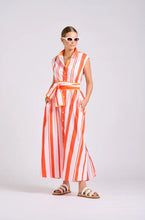 Load image into Gallery viewer, Woman wearing an orange and white striped dress on a white background