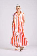 Load image into Gallery viewer, Woman wearing an orange and white striped dress on a white background
