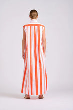Load image into Gallery viewer, Person wearing a sleeveless dress with orange and white vertical stripes on a plain background
