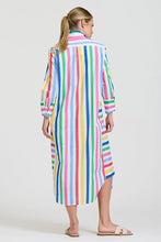 Load image into Gallery viewer, Woman wearing a colorful striped dress on a white background