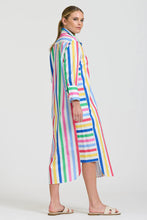 Load image into Gallery viewer, Woman wearing a colorful striped dress on a white background
