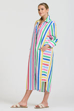 Load image into Gallery viewer, Woman wearing a colorful striped dress against a white background