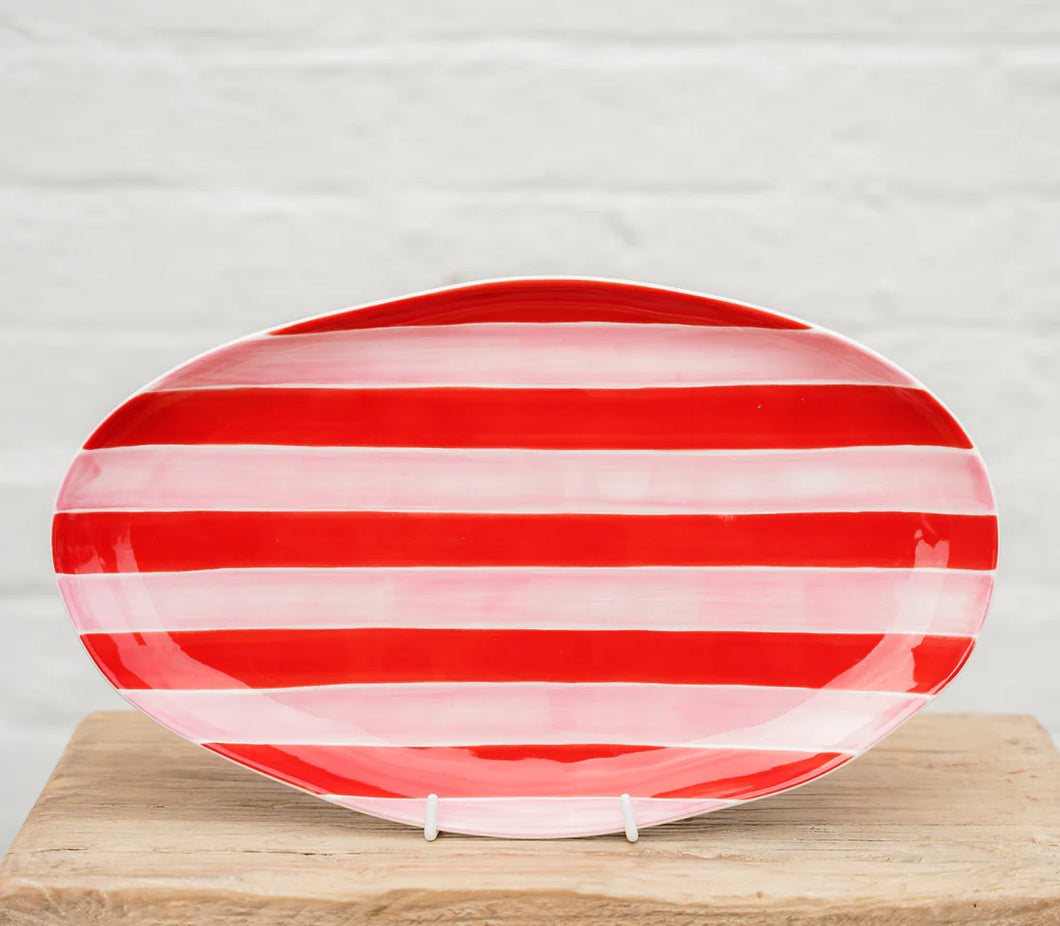 Small Oval Platter | Pink & Red Stripe