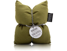 Load image into Gallery viewer, A moss green heat pillow with a label showing the brand name SALUS and the product details.