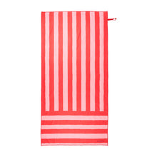 Load image into Gallery viewer, Picture of red and pink striped sand-free towel unrolled on a white background.