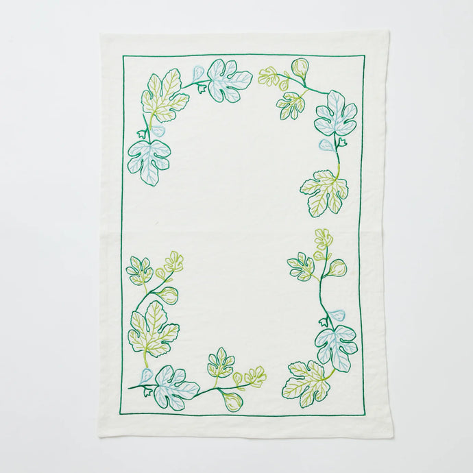 Fig Green Embroidered Tea Towel