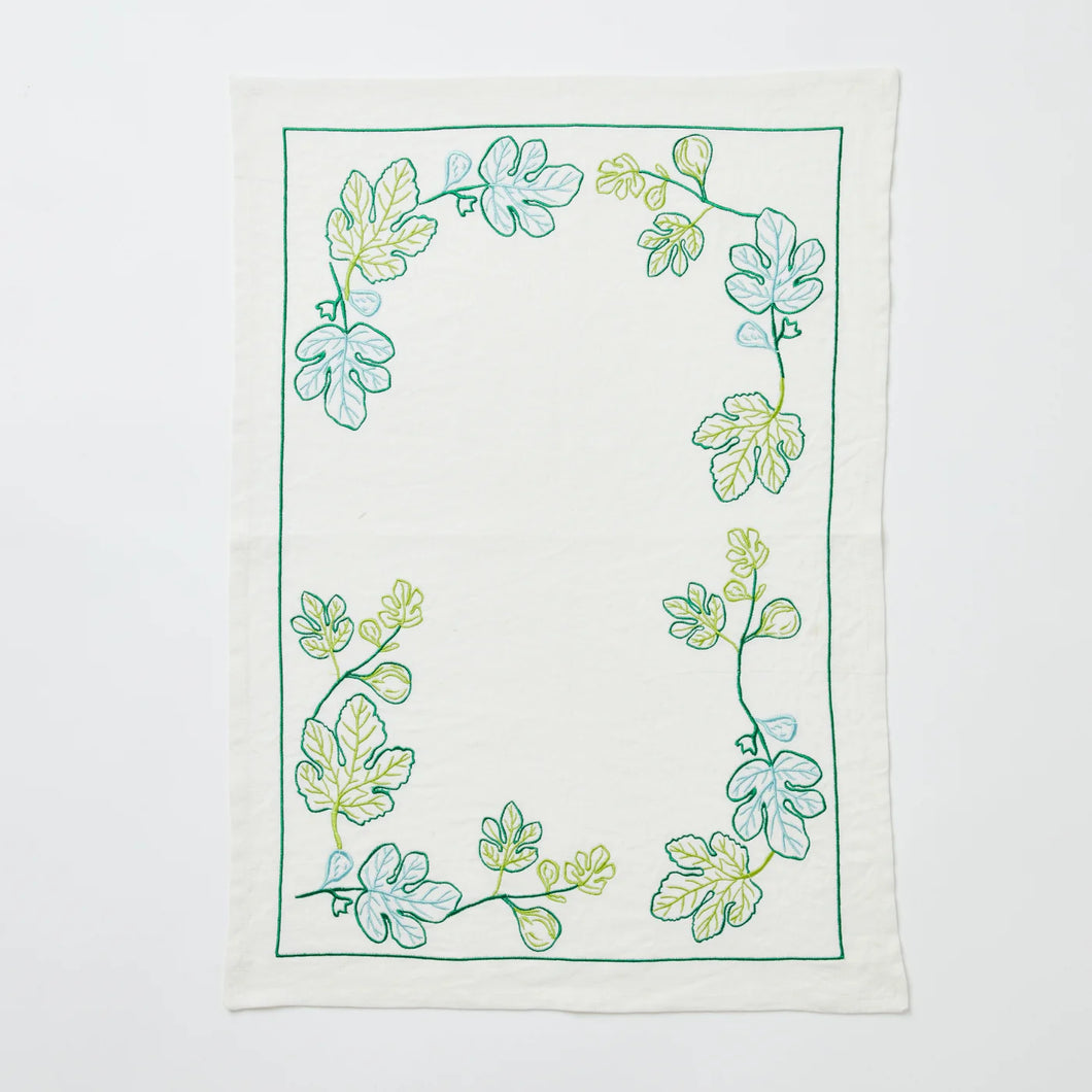 Fig Green Embroidered Tea Towel