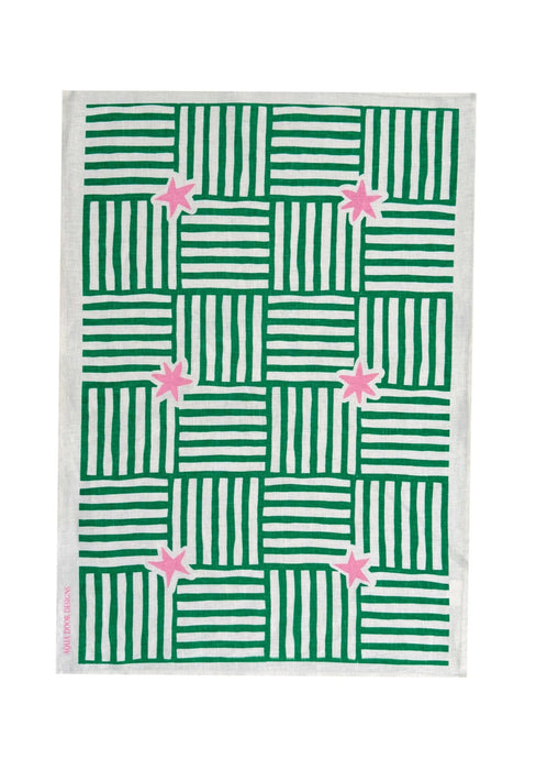 Capri Linen Tea Towel | Green + Pale Pink
