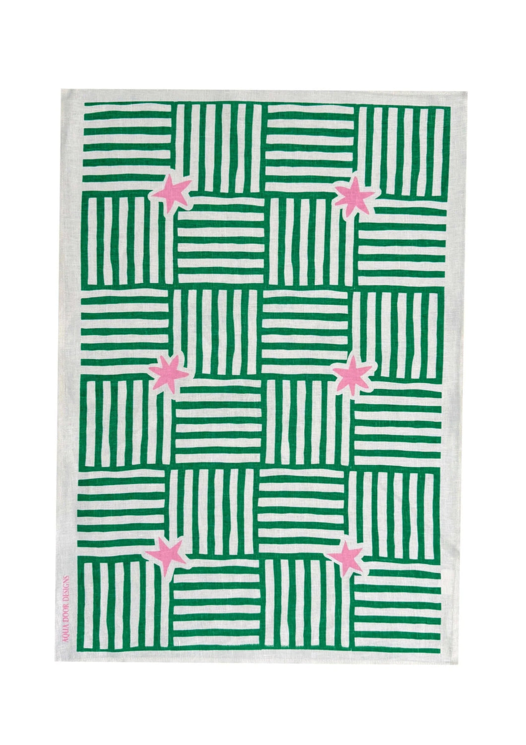 Capri Linen Tea Towel | Green + Pale Pink