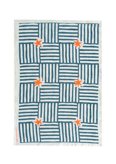 Capri Linen Tea Towel | Blue + Neon Orange