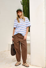 Load image into Gallery viewer, Person wearing a striped shirt and brown pants standing in front of a cactus plant.
